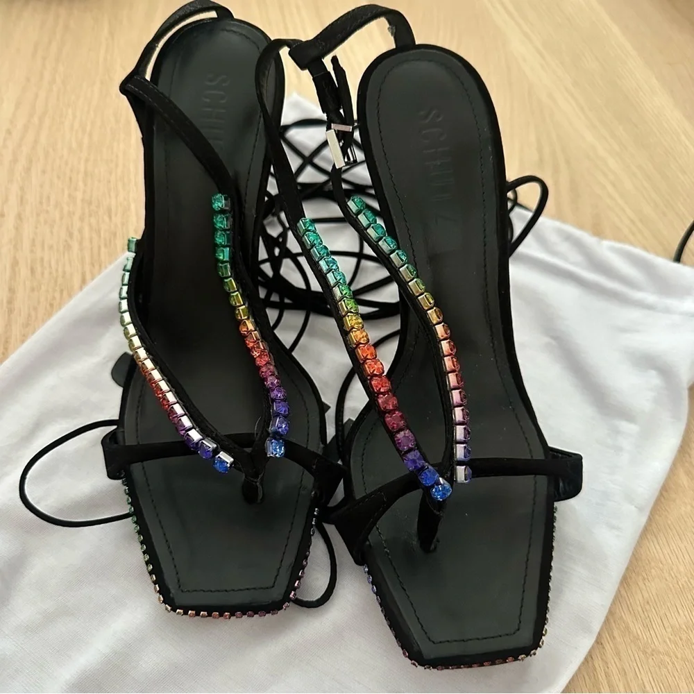 NEW Schutz Vikki Crystals Black Lace Up Open Toe High Heel Sandals SIZE 7